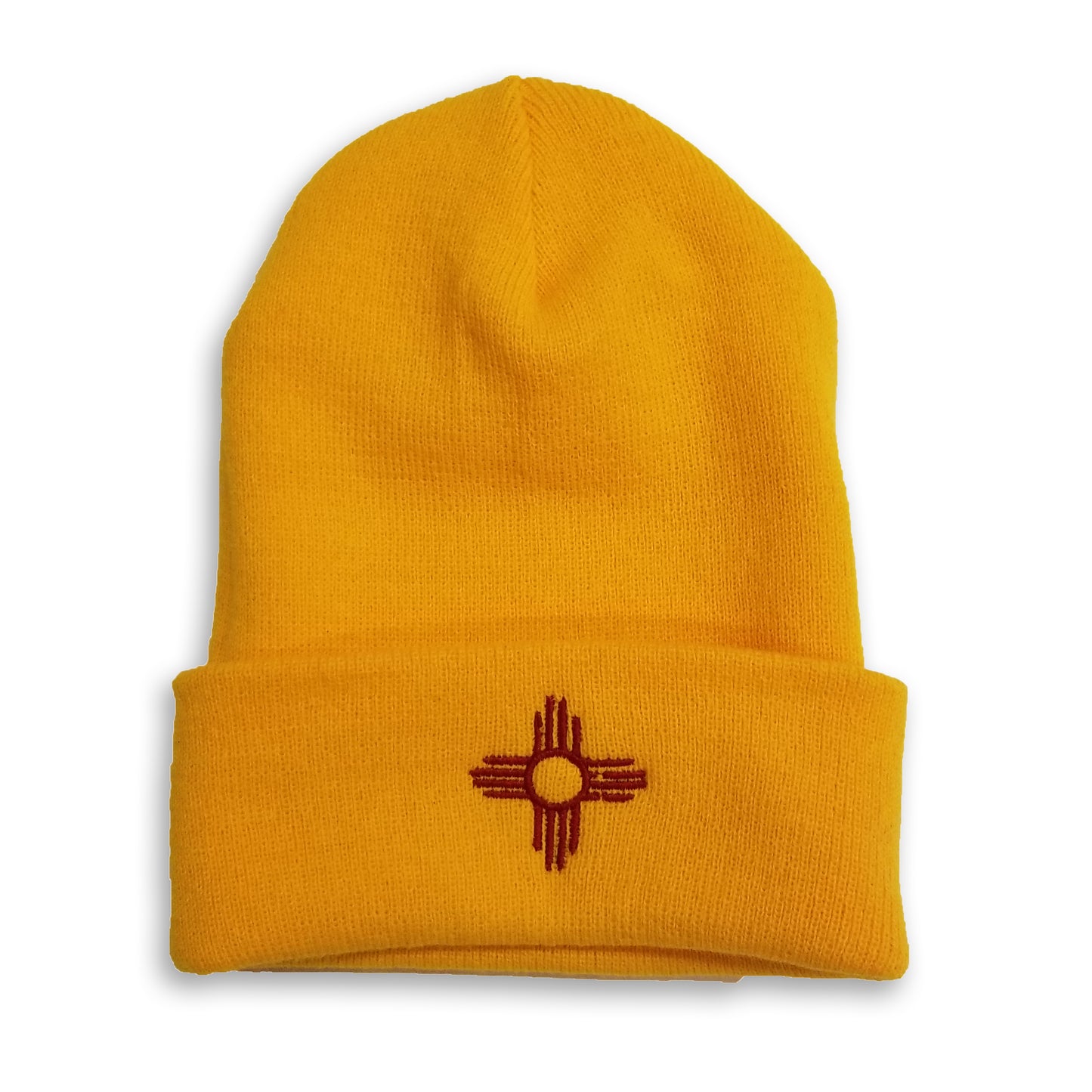 Distressed Zia | Red on Gold Embroidered Beanie | HAT-133R