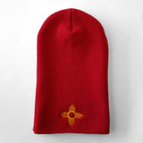 HAT-133Y Distressed Zia - Gold on Red Embroidered Beanie