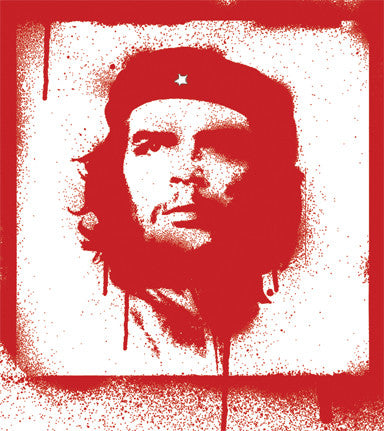 A red and white gloss paper sticker with a printed image of Che Guevara.