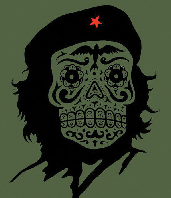 A gloss paper sticker with a green and black sugar skull design, resembling the iconic Che Guevara image, with a star on the hat.