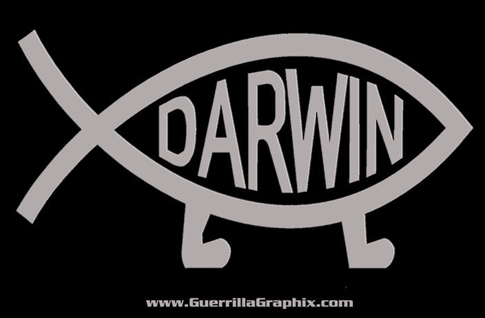 A gray gloss paper sticker with the word 'DARWIN' printed on it, designed in the shape of a fish with legs.
