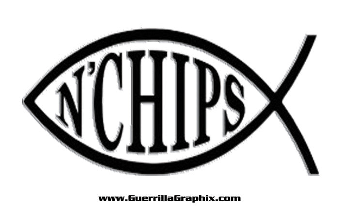 A gloss paper sticker with the text 'N'CHIPS' designed in the shape of a fish, against a white background.