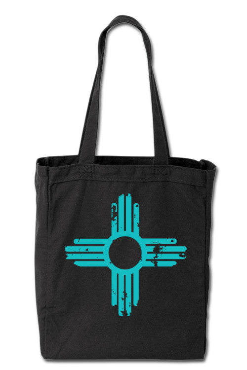 Distressed Zia | Turquoise Ink | Black Tote Bag | TB-133T