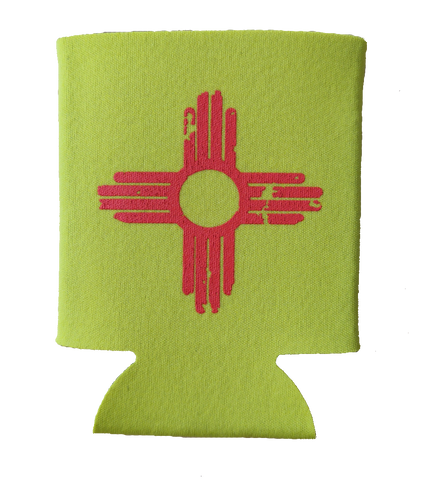 Distressed Red Zia on Yellow Beverage Koozie