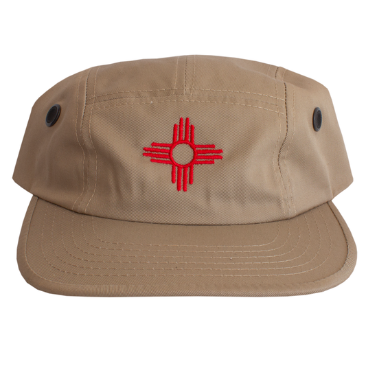 BCE-114 Jockey Flatbill - Embroidered Red Zia Camper Hat - Khaki