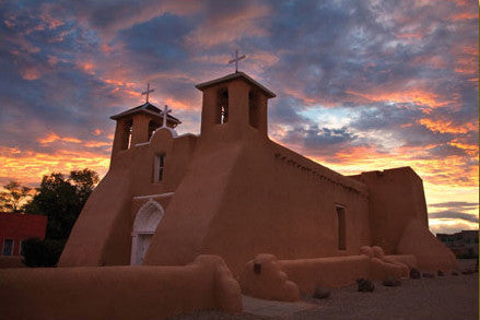 Sunset on St Francis Church Taos postcard