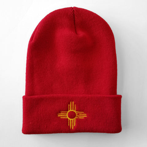 Distressed Zia - Gold on Red Embroidered Beanie