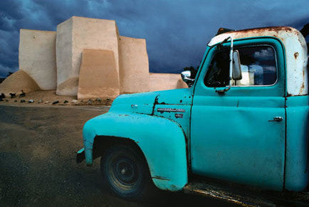Blue Truck at Ranchos Church Postcard