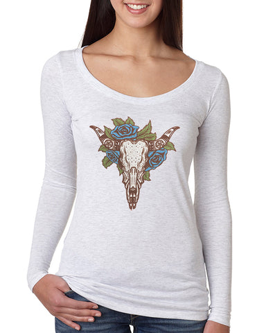 Cow Skull & Roses Ladies Long Sleeve Shirt
