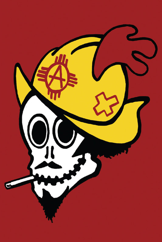 A gloss paper sticker featuring a graphic design of a skull wearing a hat with a yellow background. The skull has black and white features, and the hat is adorned with a red and white emblem.