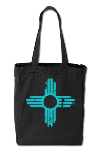 Distressed Zia - Turquoise Ink -  Black Tote Bag