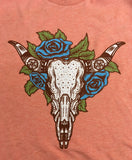 Graphic Tee - Cow Skull Roses Image - Canvas Brand Sunset Tee