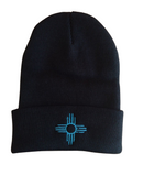 HAT-133T Distressed Zia - Turquoise on Black Embroidered Beanie