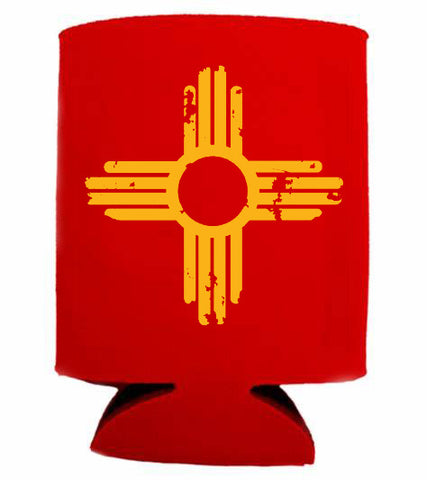 Distressed Yellow Zia on Red Beverage Koozie